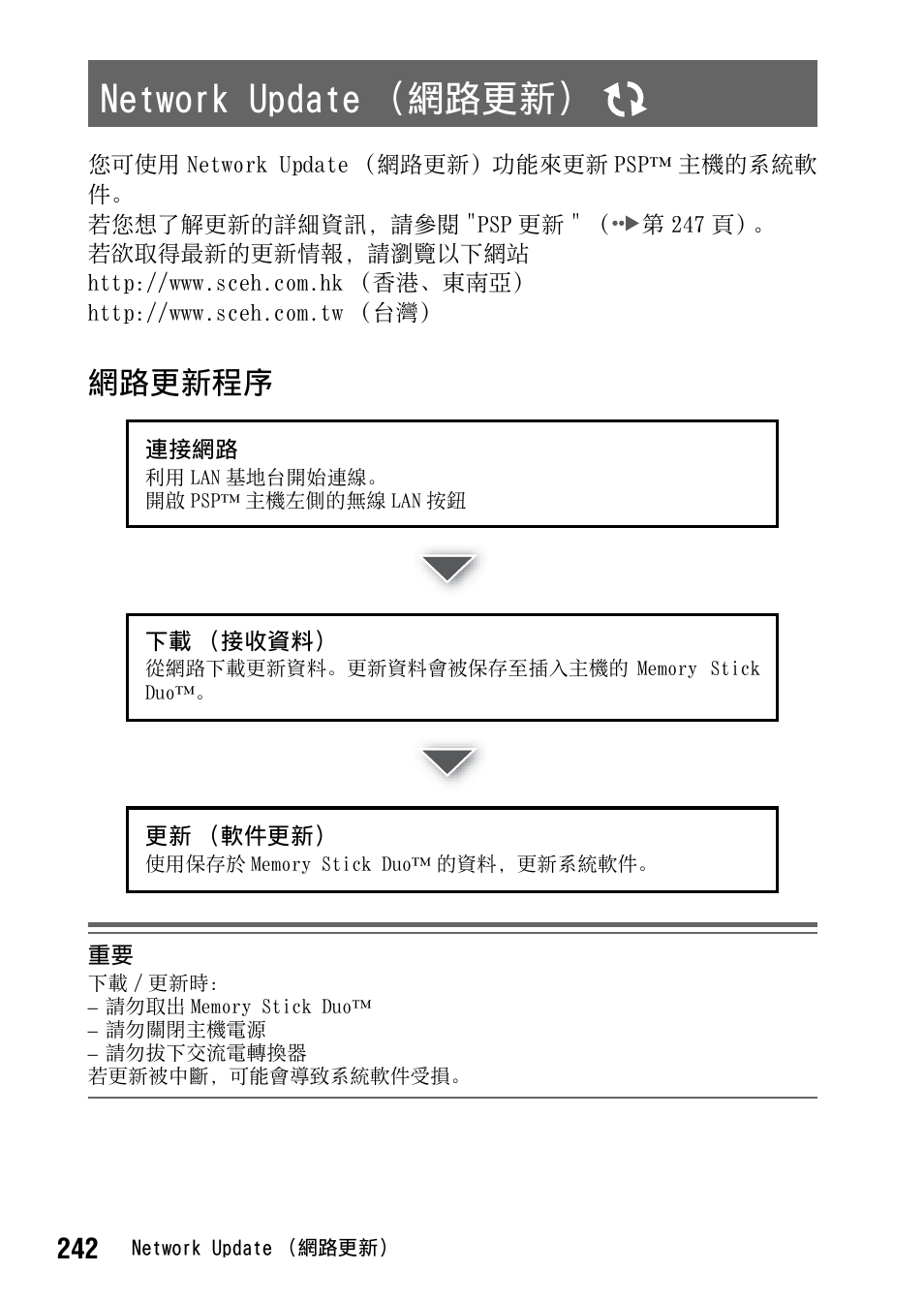 Network update （網路更新, 第 242 頁, 網路更新程序 | Sony PSP-1006 K User Manual | Page 242 / 268