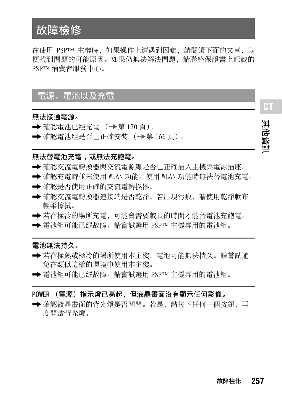 故障檢修, 257 其他資訊, 電源、電池以及充電 | Sony PSP-1006 K User Manual | Page 257 / 268