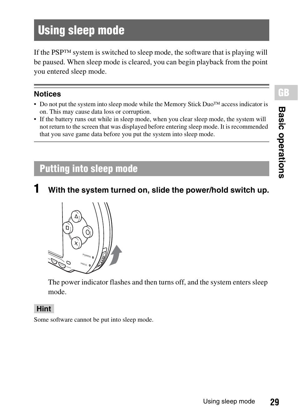 Using sleep mode, Putting into sleep mode, 29 b asi c op er atio ns | Sony PSP-1006 K User Manual | Page 29 / 268