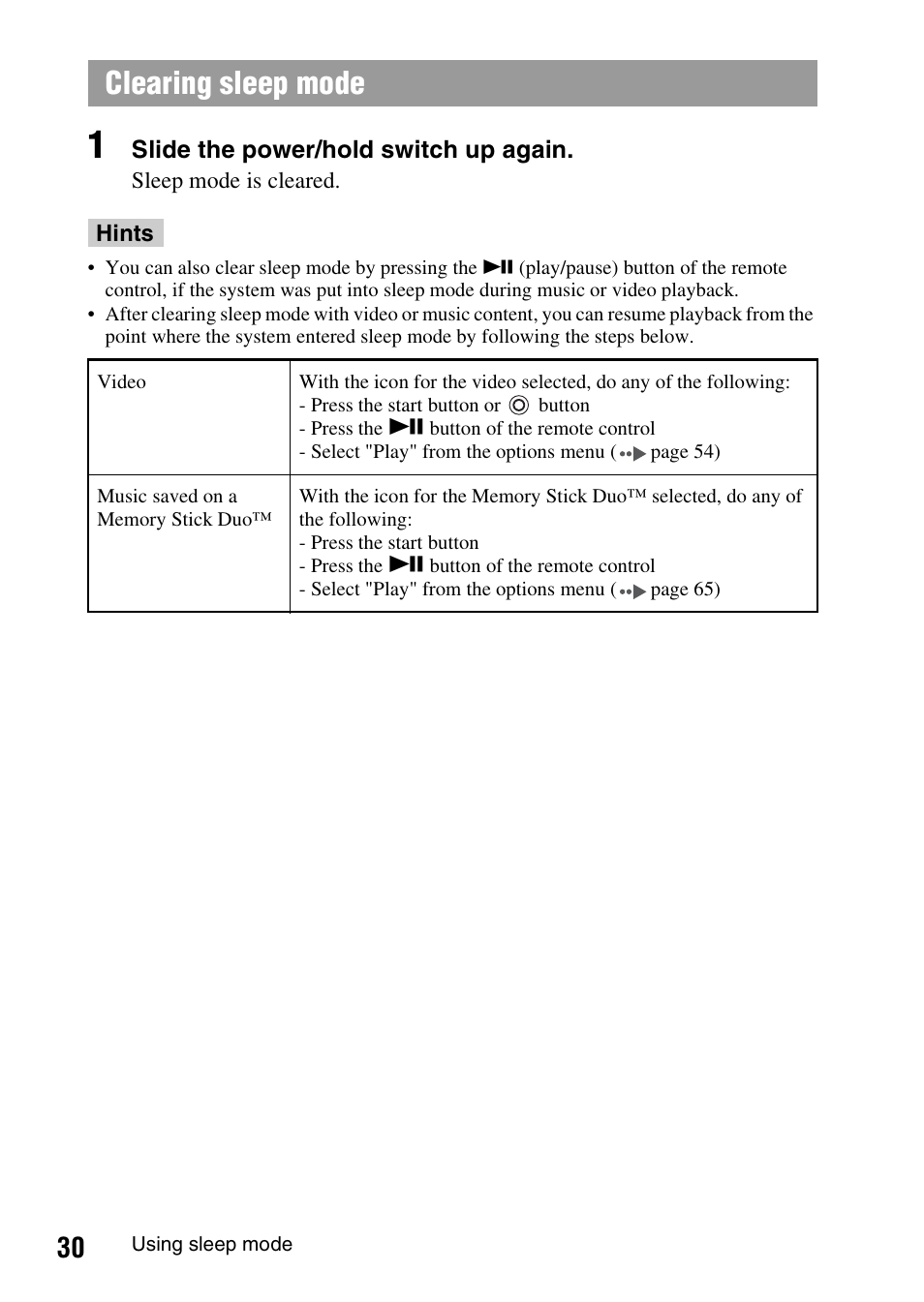 Clearing sleep mode | Sony PSP-1006 K User Manual | Page 30 / 268