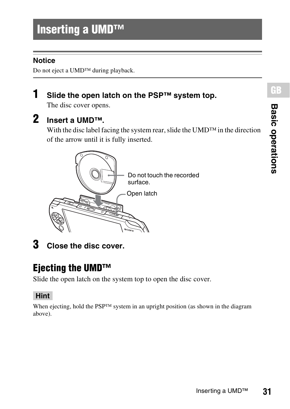 Inserting a umd, Ejecting the umd, 31 b asi c op er atio ns | Sony PSP-1006 K User Manual | Page 31 / 268