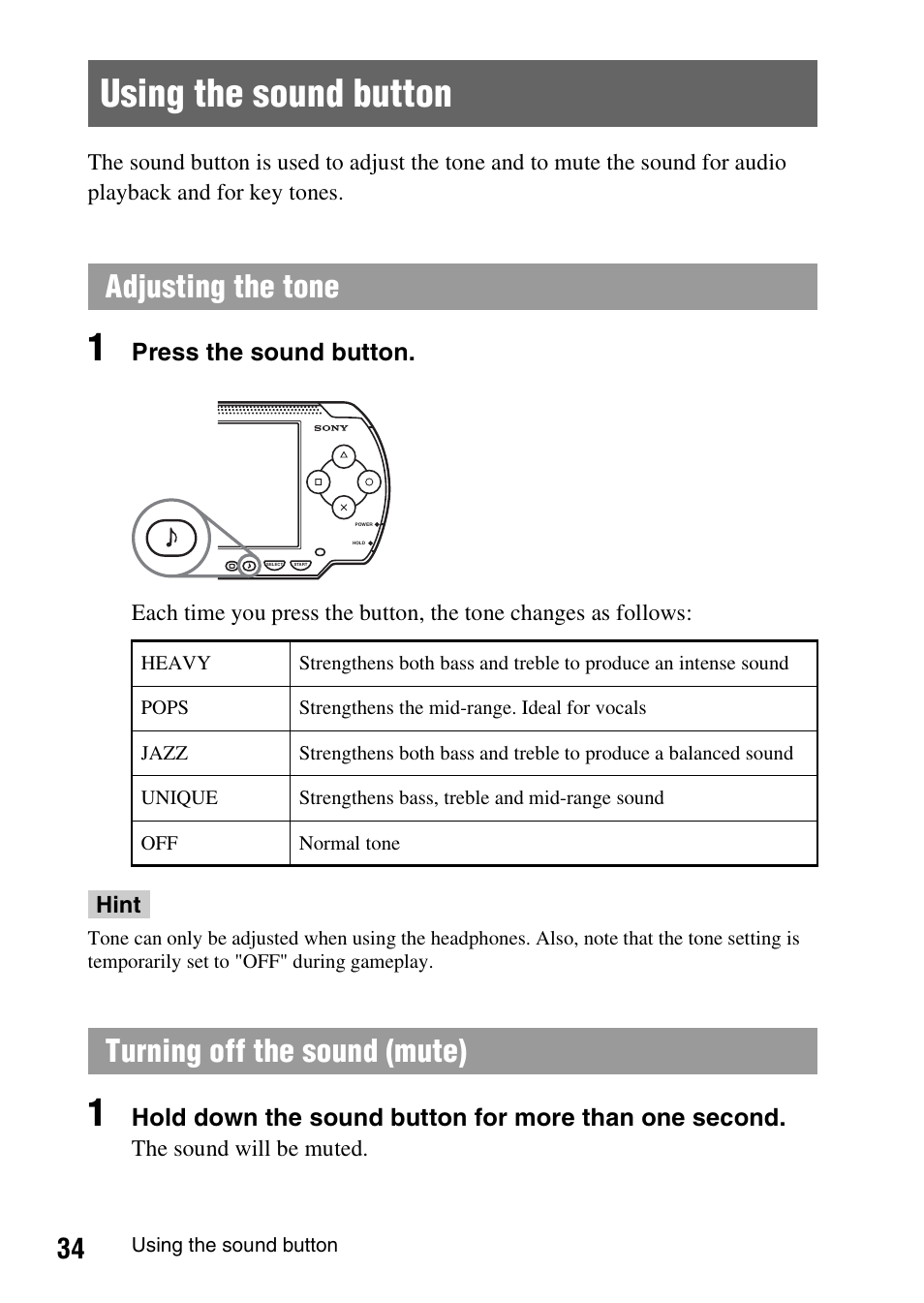 Using the sound button, Adjusting the tone, Turning off the sound (mute) | Sony PSP-1006 K User Manual | Page 34 / 268