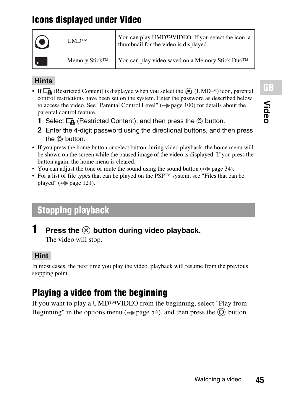 Icons displayed under video, Playing a video from the beginning, Stopping playback | 45 vide o | Sony PSP-1006 K User Manual | Page 45 / 268