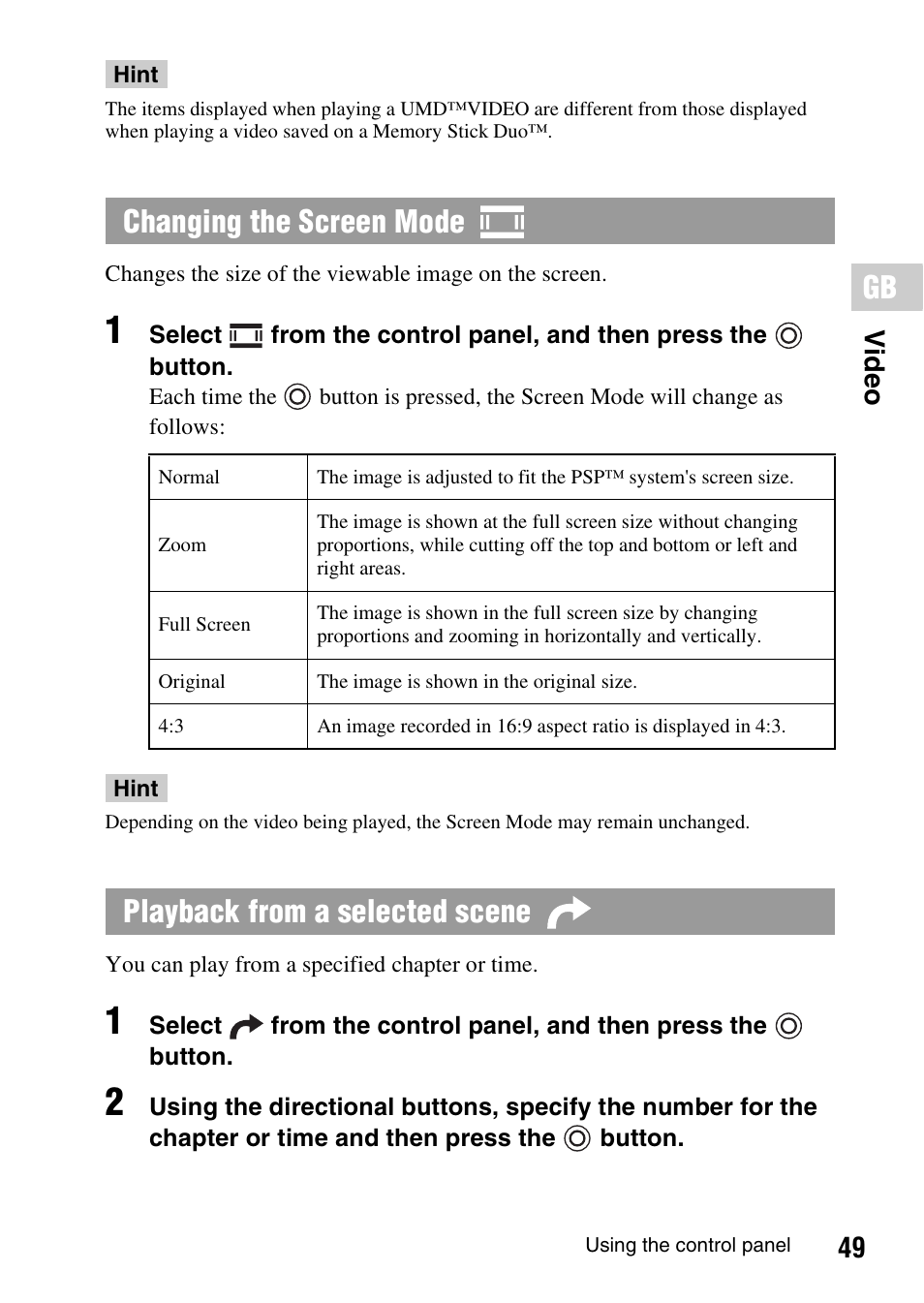 Changing the screen mode, Playback from a selected scene, 49 vide o | Sony PSP-1006 K User Manual | Page 49 / 268