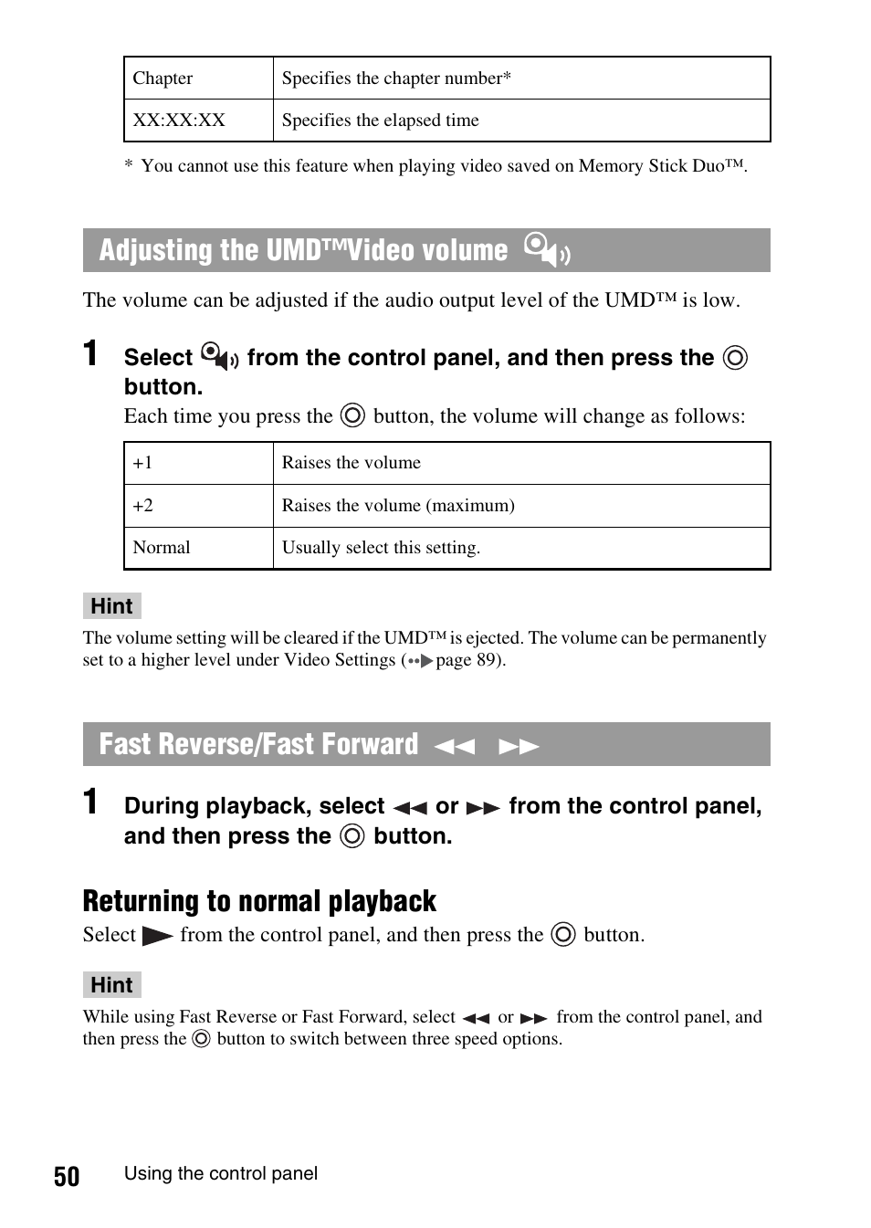 Returning to normal playback, Adjusting the umd™video volume, Fast reverse/fast forward | Sony PSP-1006 K User Manual | Page 50 / 268
