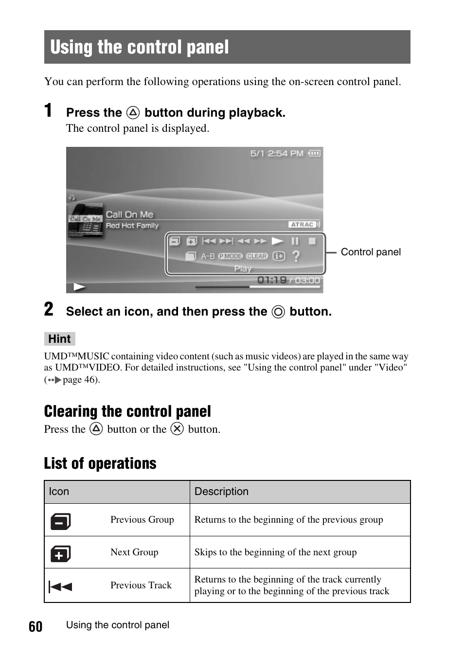 Using the control panel, Clearing the control panel, List of operations | Sony PSP-1006 K User Manual | Page 60 / 268