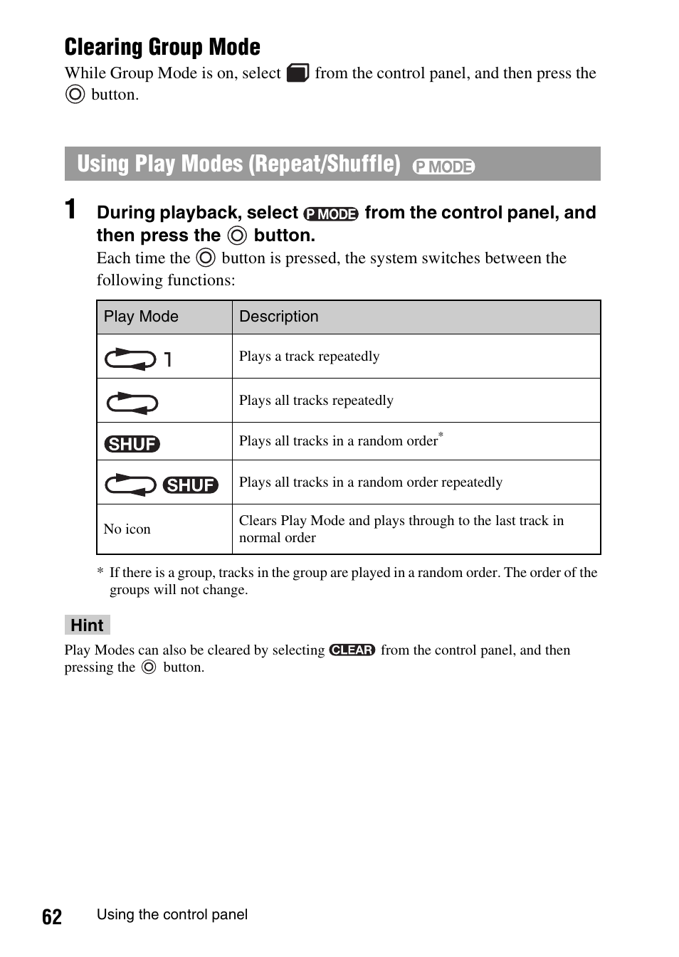 Clearing group mode, Using play modes (repeat/shuffle) | Sony PSP-1006 K User Manual | Page 62 / 268