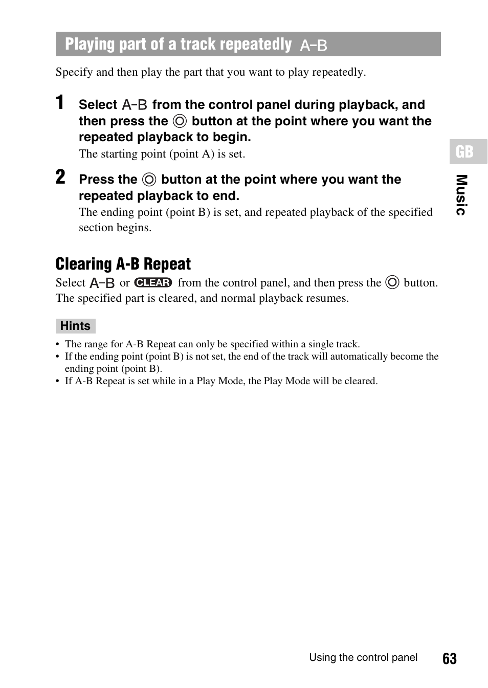 Clearing a-b repeat, Playing part of a track repeatedly | Sony PSP-1006 K User Manual | Page 63 / 268