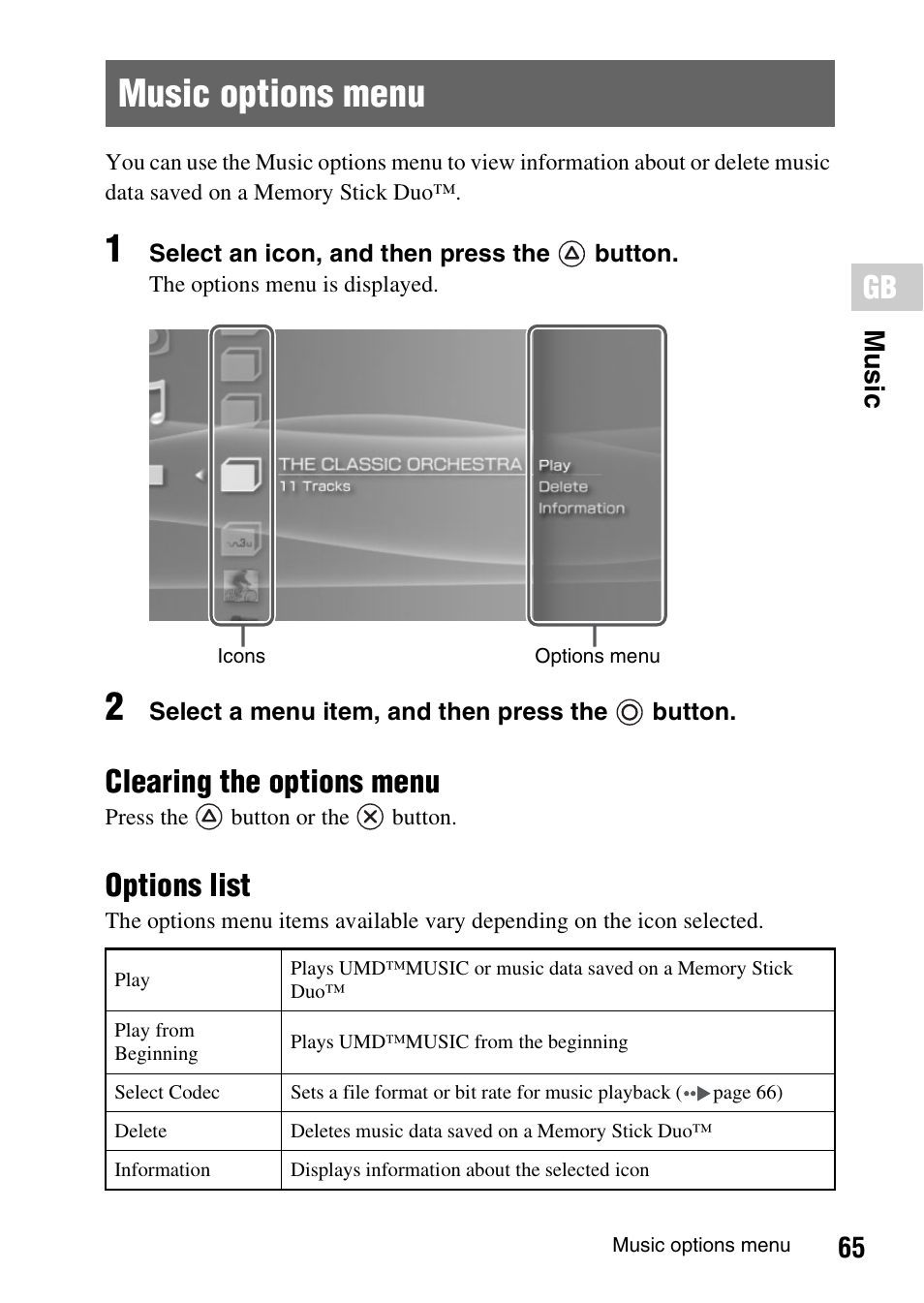 Music options menu, Clearing the options menu, Options list | 65 mu sic | Sony PSP-1006 K User Manual | Page 65 / 268