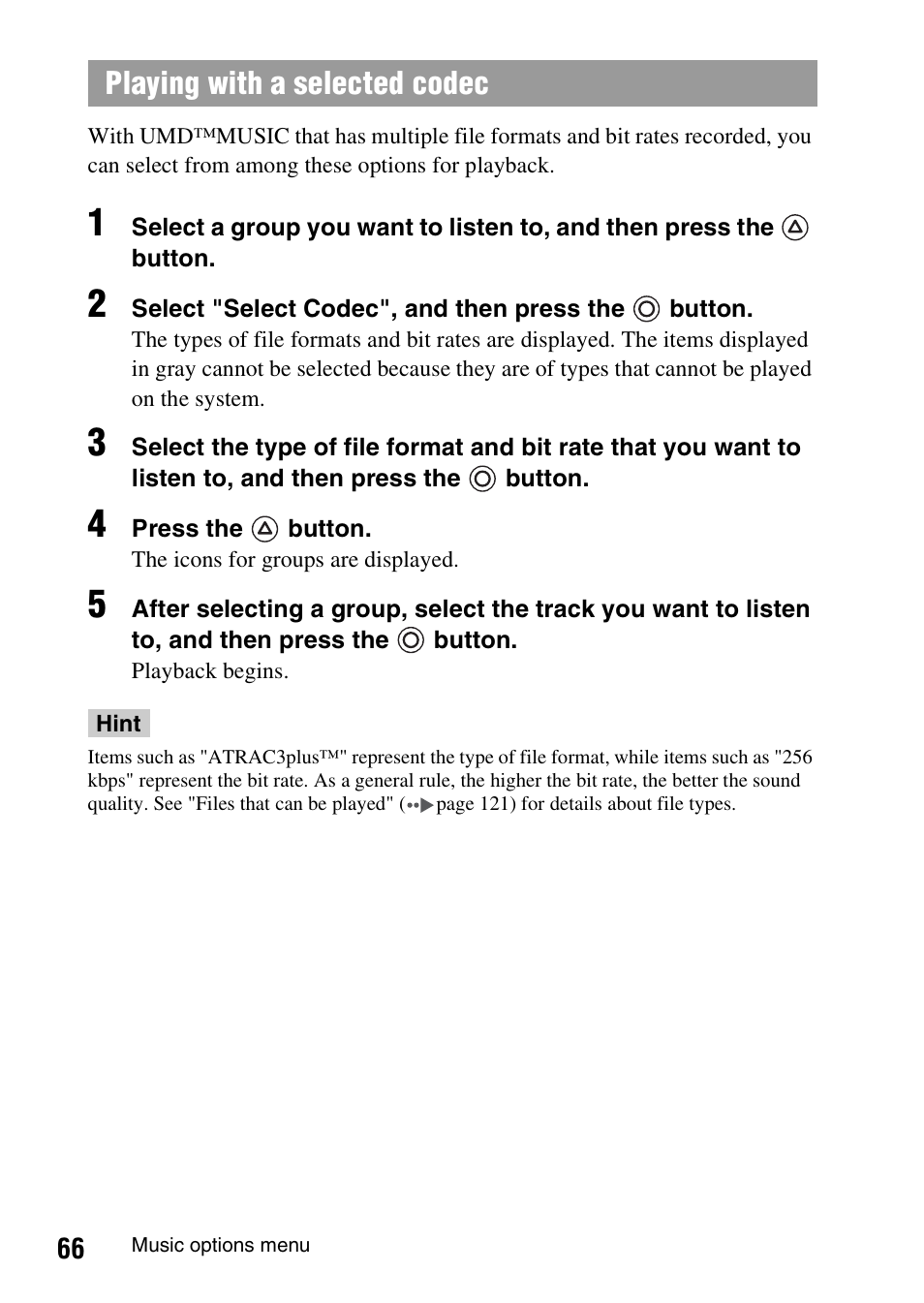 Playing with a selected codec | Sony PSP-1006 K User Manual | Page 66 / 268