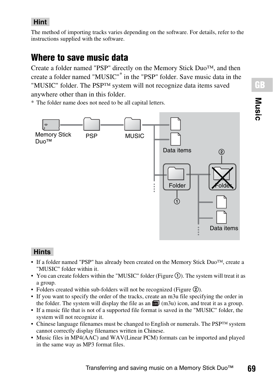 Where to save music data, 69 mu sic | Sony PSP-1006 K User Manual | Page 69 / 268