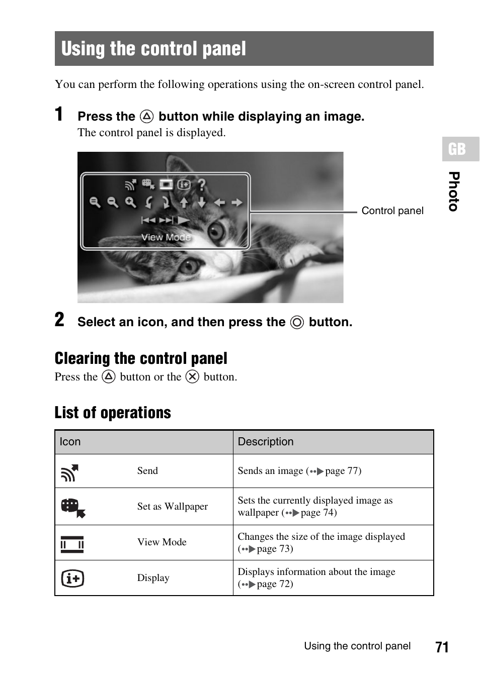 Using the control panel, Clearing the control panel, List of operations | 71 photo | Sony PSP-1006 K User Manual | Page 71 / 268