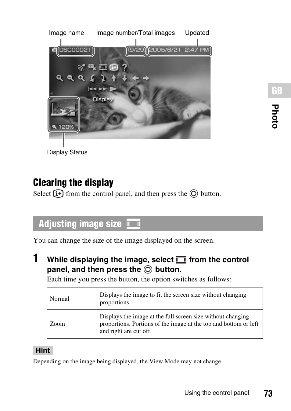 Clearing the display, Adjusting image size, 73 photo | Sony PSP-1006 K User Manual | Page 73 / 268