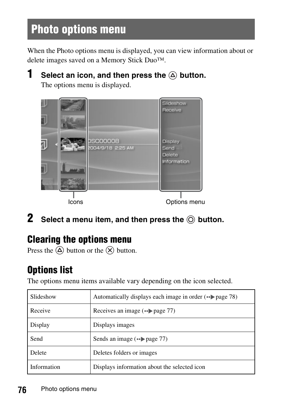 Photo options menu, Clearing the options menu, Options list | Sony PSP-1006 K User Manual | Page 76 / 268