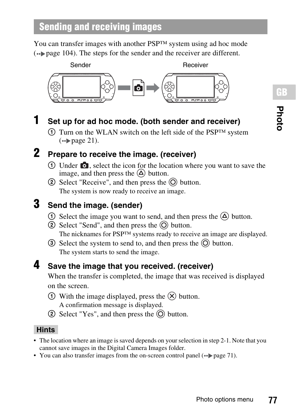 Sending and receiving images, 77 photo | Sony PSP-1006 K User Manual | Page 77 / 268