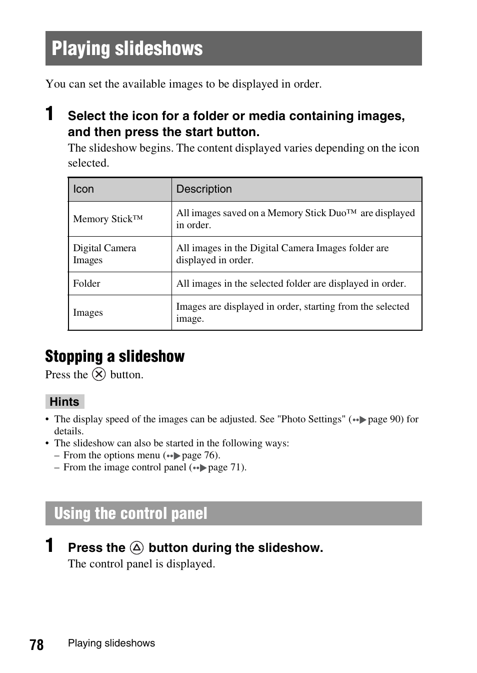 Playing slideshows, Stopping a slideshow, Using the control panel | Sony PSP-1006 K User Manual | Page 78 / 268