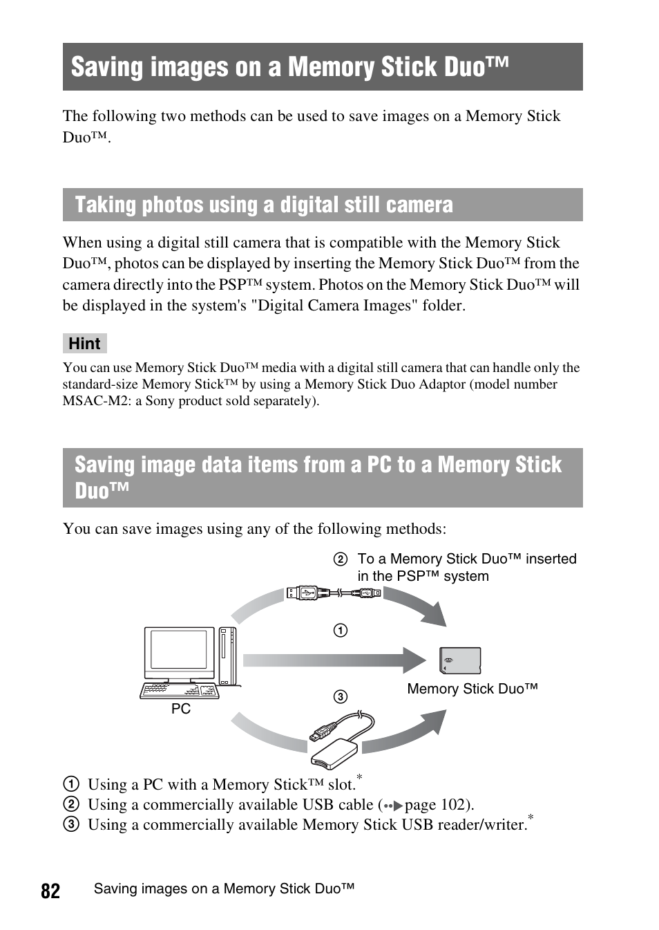 Saving images on a memory stick duo | Sony PSP-1006 K User Manual | Page 82 / 268