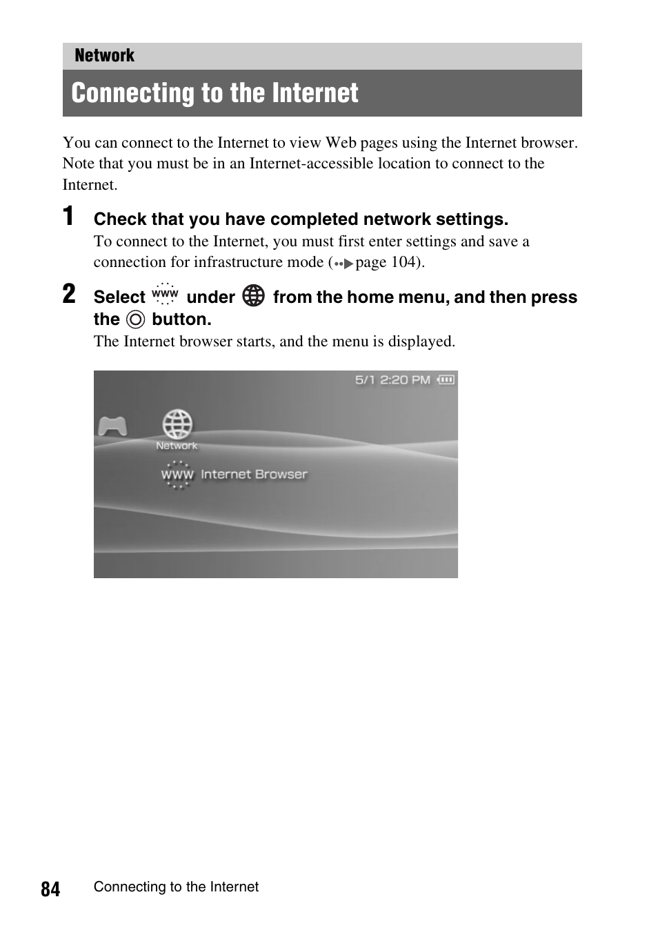 Network, Connecting to the internet | Sony PSP-1006 K User Manual | Page 84 / 268