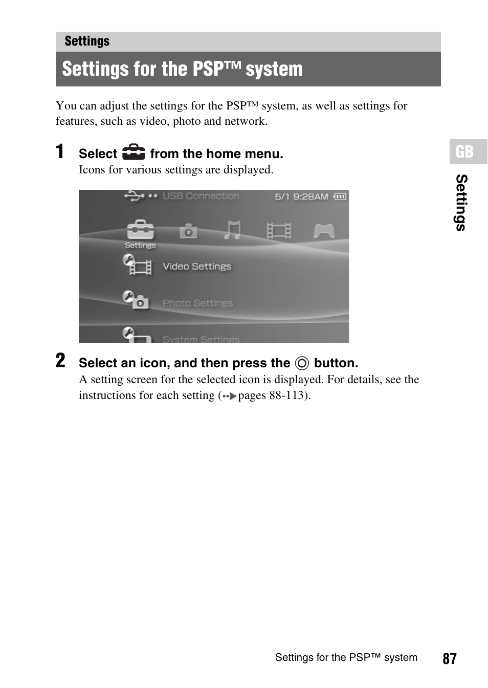 Settings, Settings for the psp™ system | Sony PSP-1006 K User Manual | Page 87 / 268