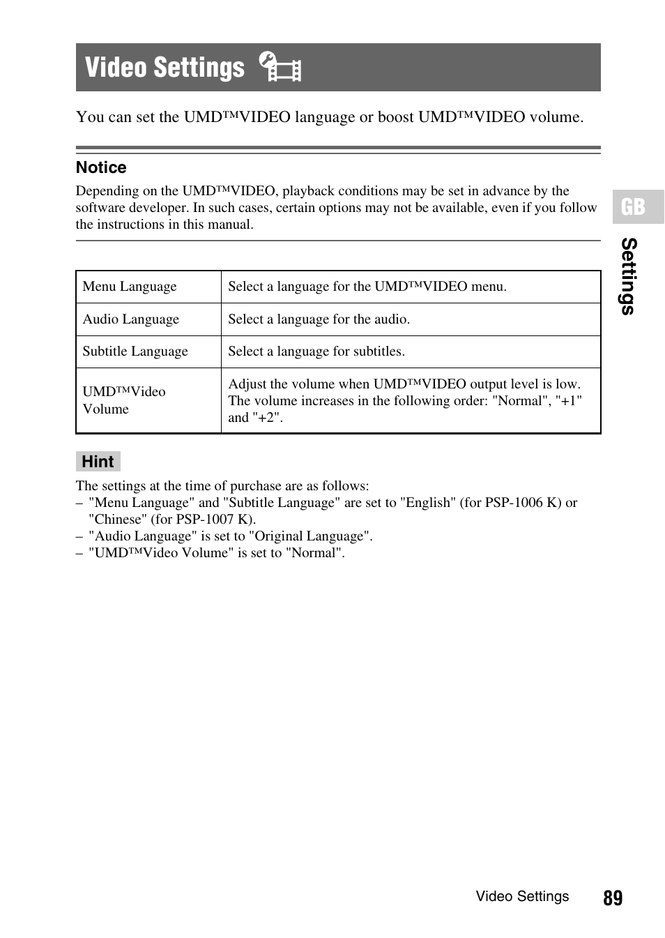 Video settings, 89 settin g s | Sony PSP-1006 K User Manual | Page 89 / 268