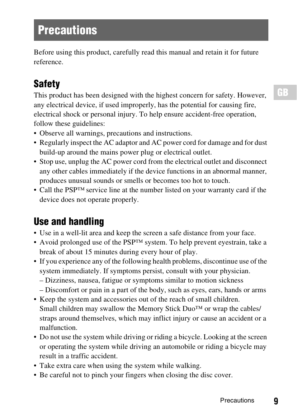 Precautions, Safety, Use and handling | Sony PSP-1006 K User Manual | Page 9 / 268