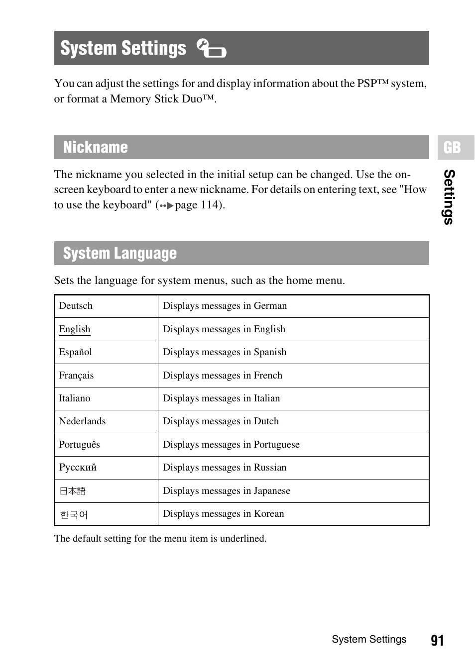 System settings, Nickname system language, 91 settin g s | Sony PSP-1006 K User Manual | Page 91 / 268