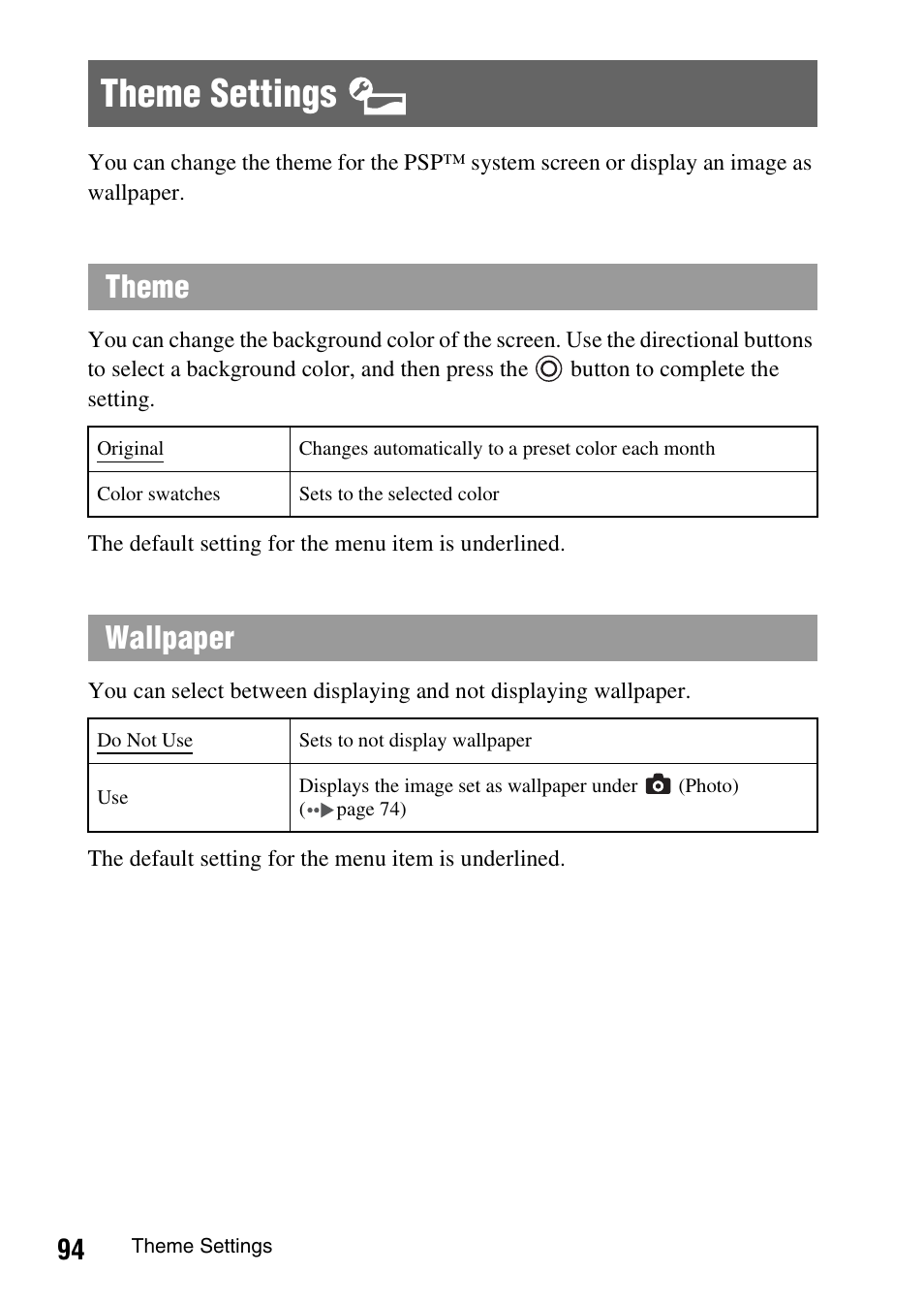 Theme settings, Theme, Wallpaper | Sony PSP-1006 K User Manual | Page 94 / 268