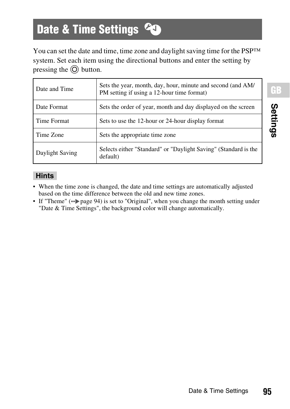 Date & time settings, 95 settin g s | Sony PSP-1006 K User Manual | Page 95 / 268