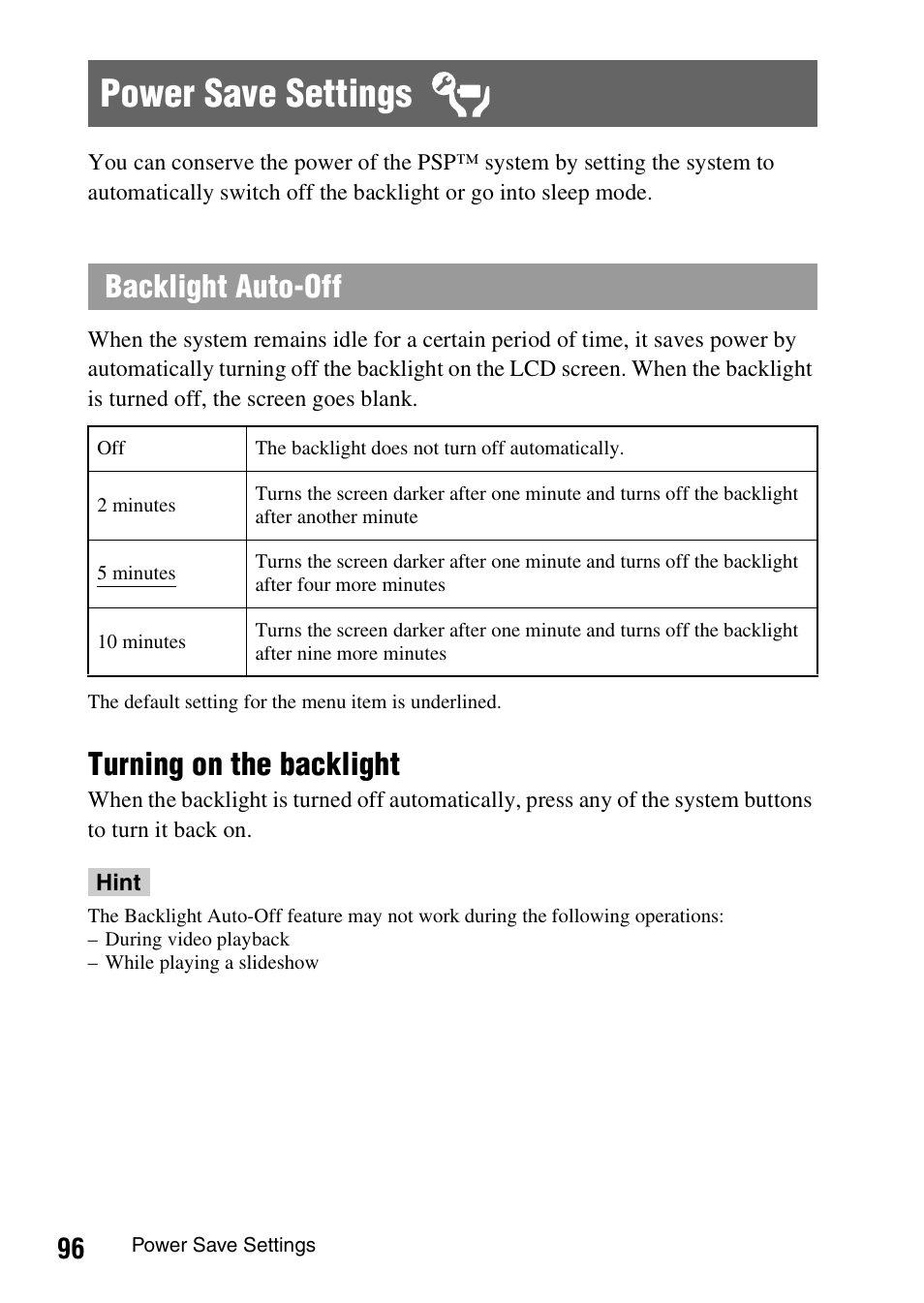 Power save settings, Turning on the backlight, Backlight auto-off | Sony PSP-1006 K User Manual | Page 96 / 268