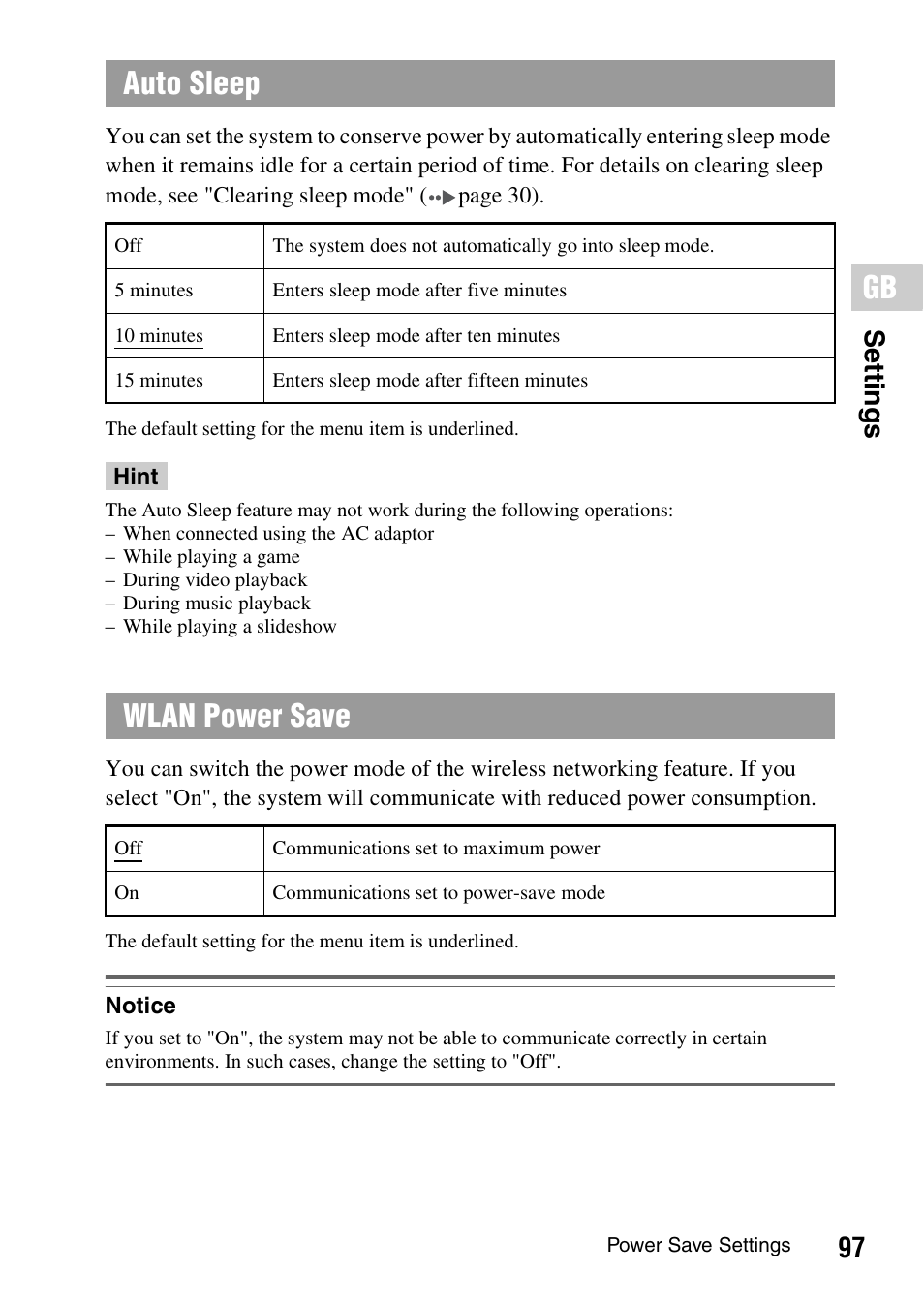 Auto sleep, Wlan power save, 97 settin g s | Sony PSP-1006 K User Manual | Page 97 / 268