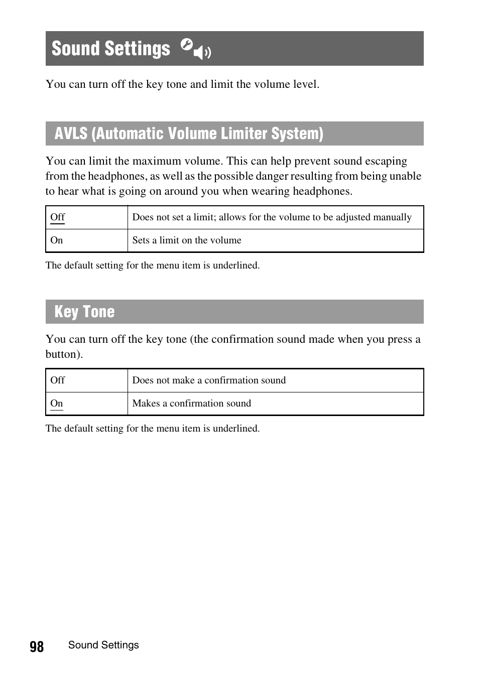 Sound settings, Avls (automatic volume limiter system), Key tone | Sony PSP-1006 K User Manual | Page 98 / 268