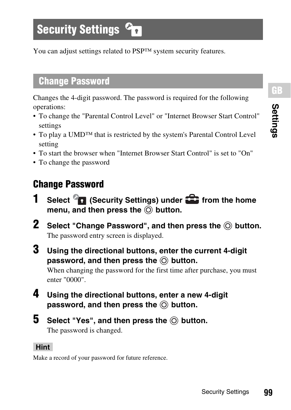 Security settings, Change password | Sony PSP-1006 K User Manual | Page 99 / 268