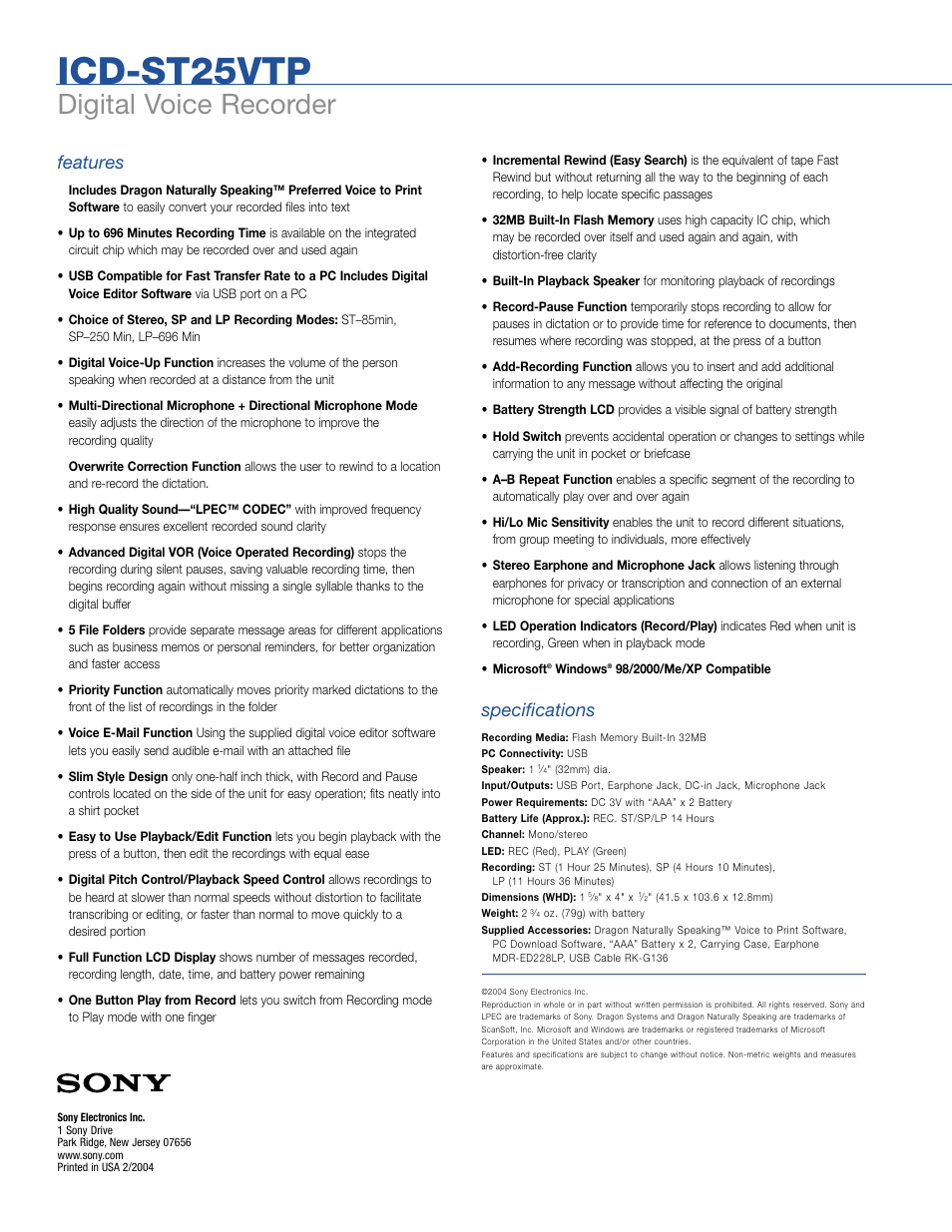 Icd-st25vtp, Digital voice recorder, Features | Specifications | Sony ICD-ST25VTP User Manual | Page 2 / 2