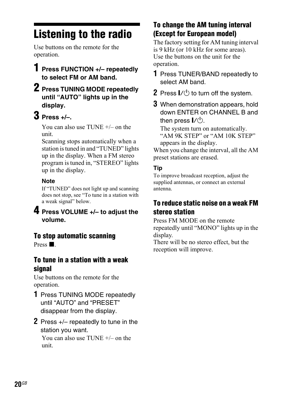 Listening to the radio | Sony 3-300-703-11(2) User Manual | Page 20 / 56