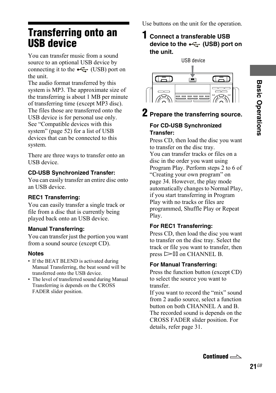 Transferring onto an usb device, Transferring onto an usb, Device | Sony 3-300-703-11(2) User Manual | Page 21 / 56