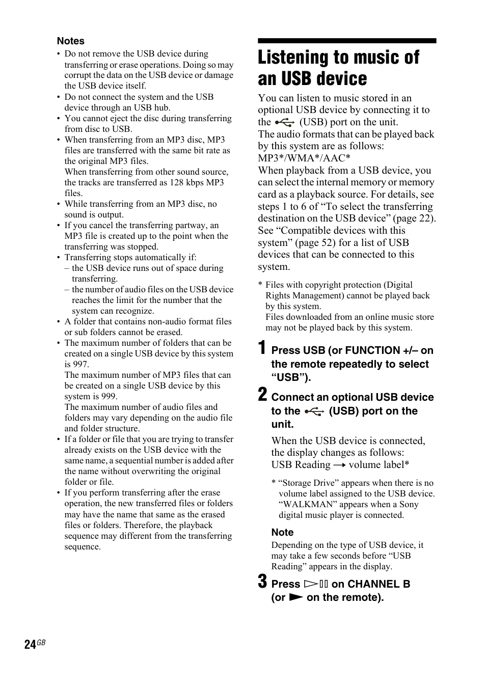 Listening to music of an usb device, Listening to music of an usb, Device | Sony 3-300-703-11(2) User Manual | Page 24 / 56