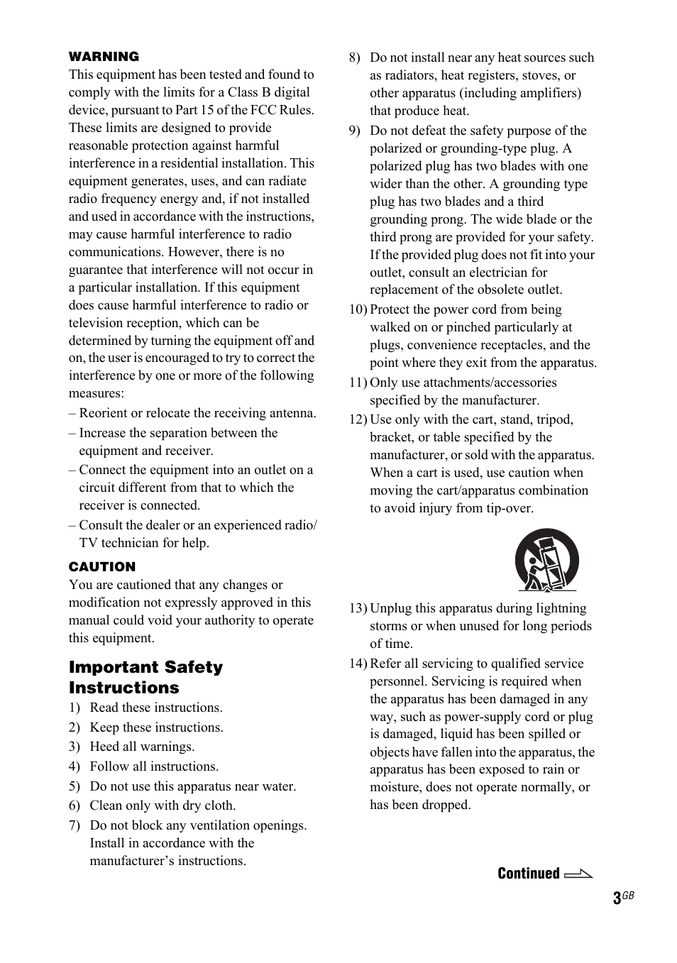 Important safety instructions | Sony 3-300-703-11(2) User Manual | Page 3 / 56