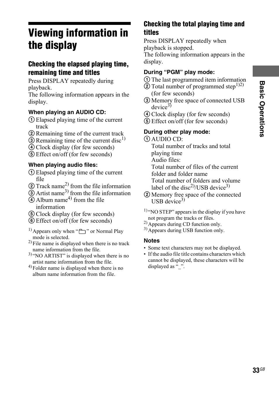 Viewing information in the display, Viewing information in the, Display | Ba si c op er a tio ns, Checking the total playing time and titles | Sony 3-300-703-11(2) User Manual | Page 33 / 56