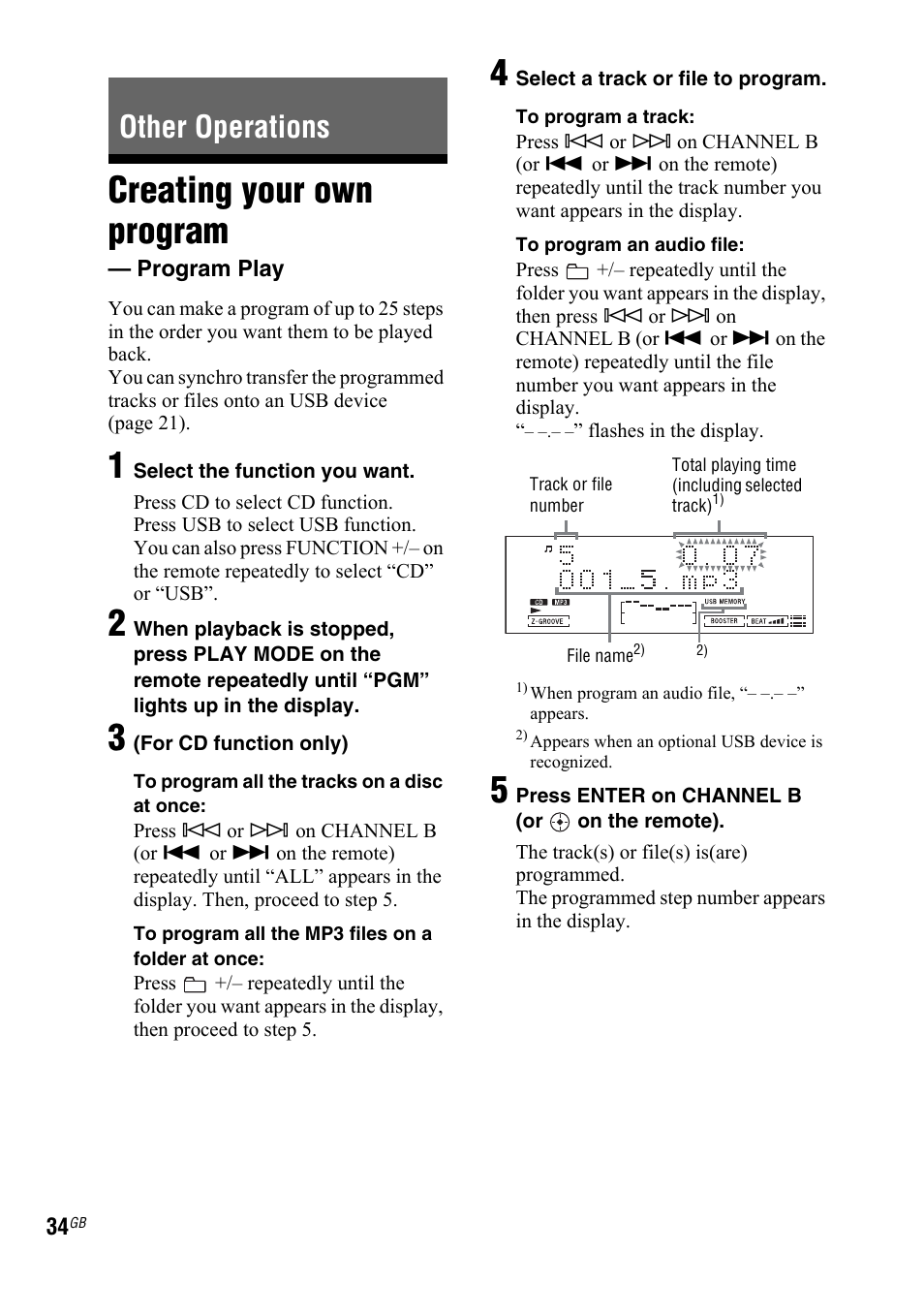 Other operations, Creating your own program, Program play | Sony 3-300-703-11(2) User Manual | Page 34 / 56