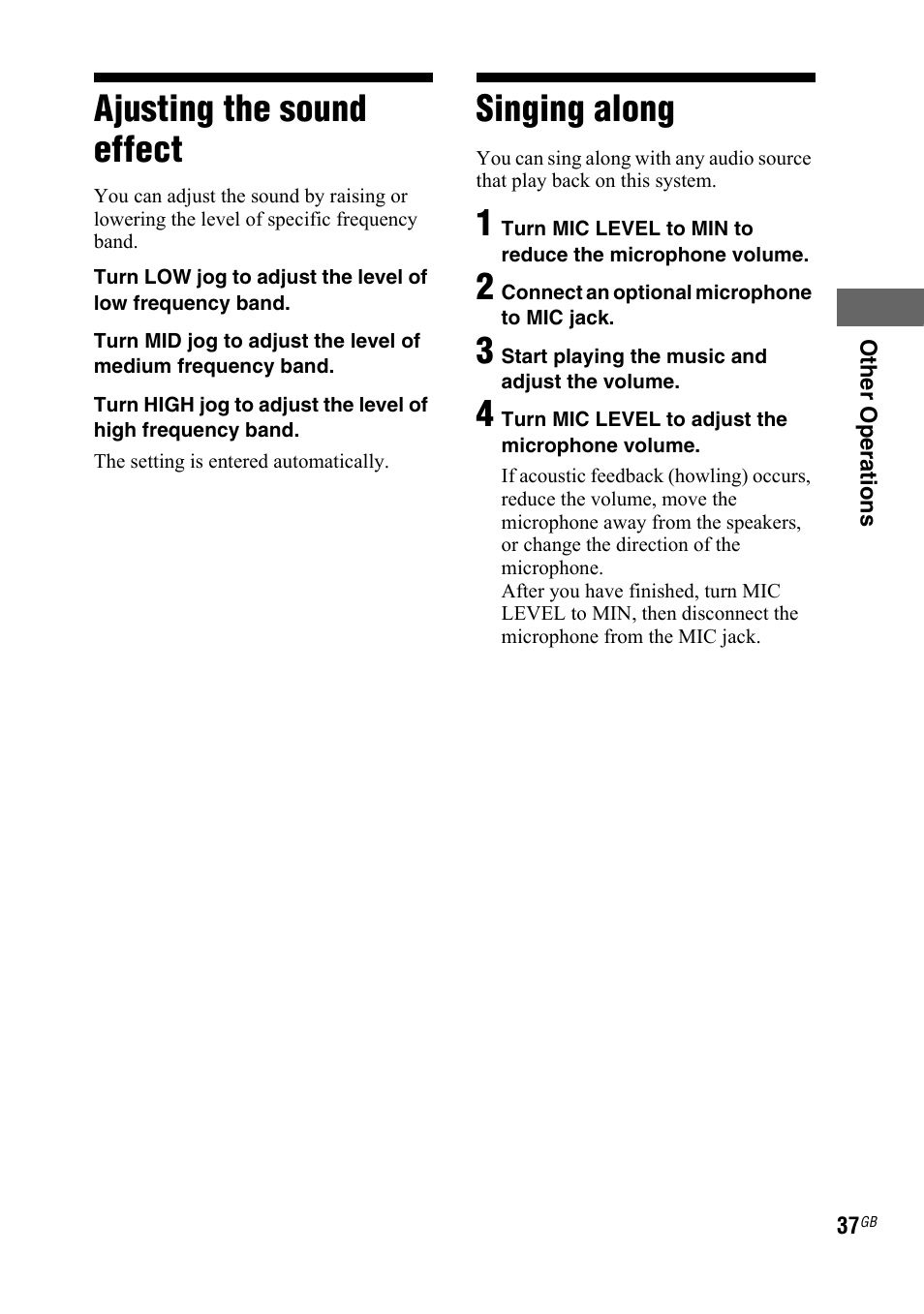 Ajusting the sound effect, Singing along, Ajusting the sound effect singing along | Sony 3-300-703-11(2) User Manual | Page 37 / 56