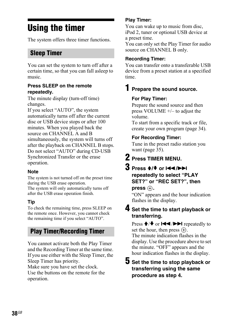 Using the timer | Sony 3-300-703-11(2) User Manual | Page 38 / 56