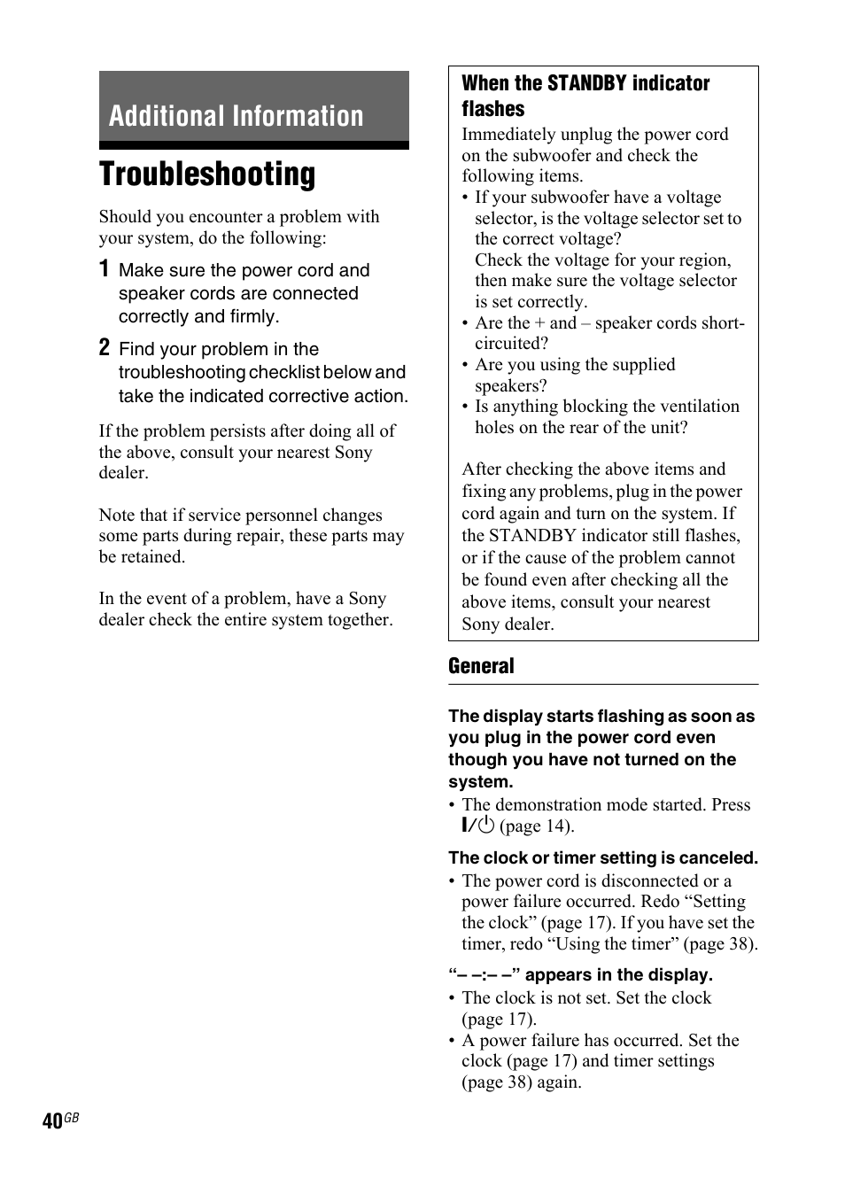 Additional information, Troubleshooting | Sony 3-300-703-11(2) User Manual | Page 40 / 56