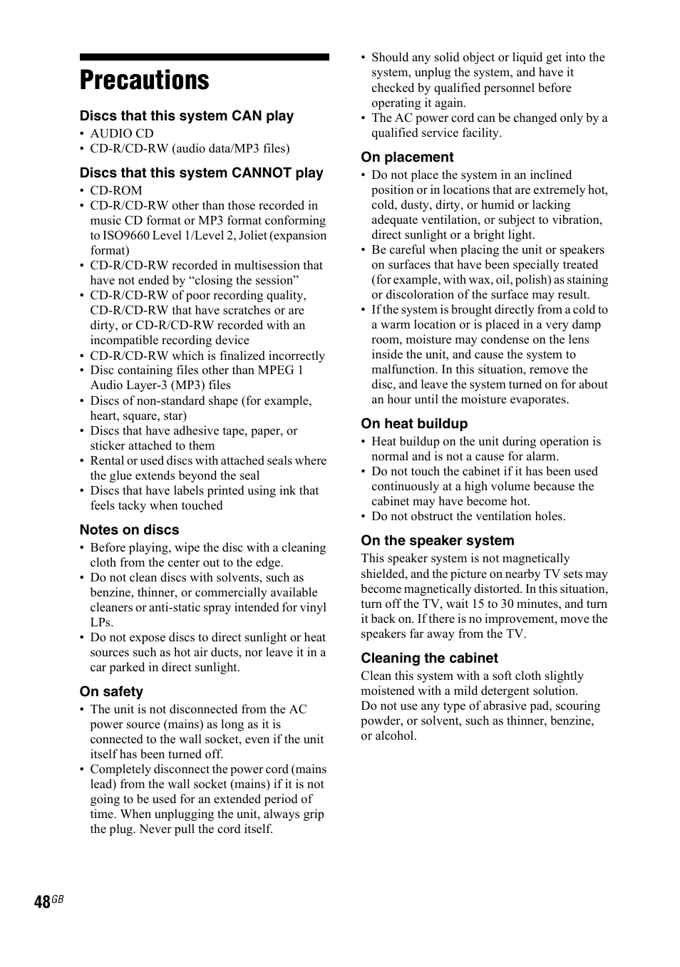 Precautions | Sony 3-300-703-11(2) User Manual | Page 48 / 56