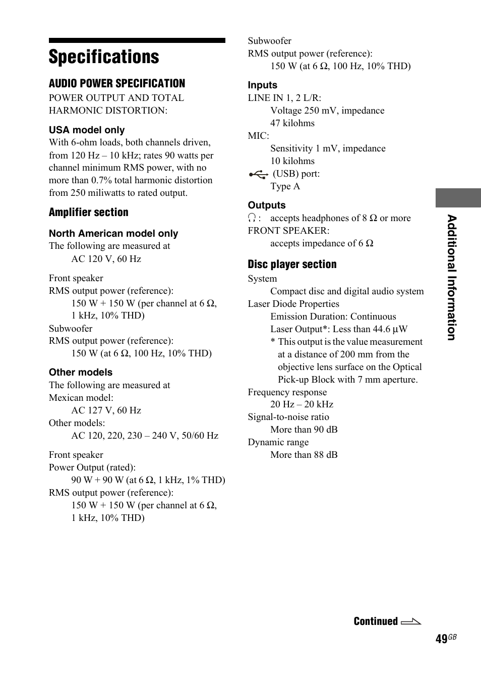 Specifications | Sony 3-300-703-11(2) User Manual | Page 49 / 56