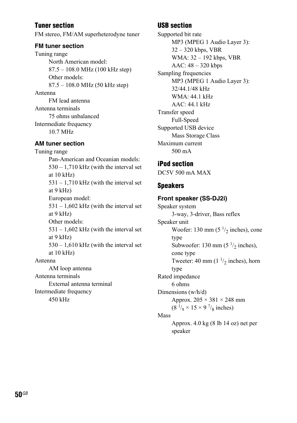 Speakers | Sony 3-300-703-11(2) User Manual | Page 50 / 56