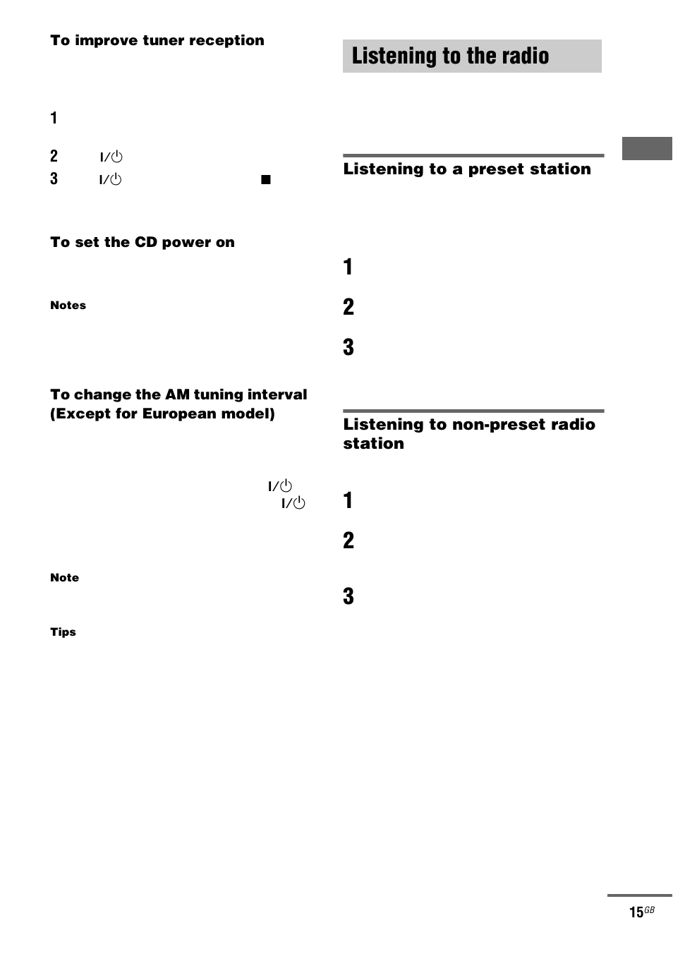 Listening to the radio, Preset tuning, Manual tuning | Preset tuning — manual tuning | Sony CMT-HPX9 User Manual | Page 15 / 36