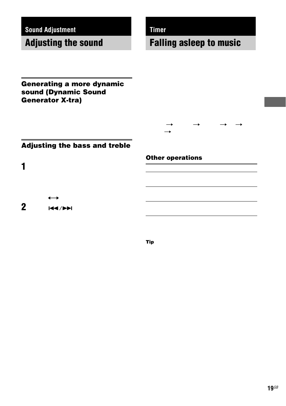 Sound adjustment, Adjusting the sound, Timer | Falling asleep to music, Sleep timer | Sony CMT-HPX9 User Manual | Page 19 / 36