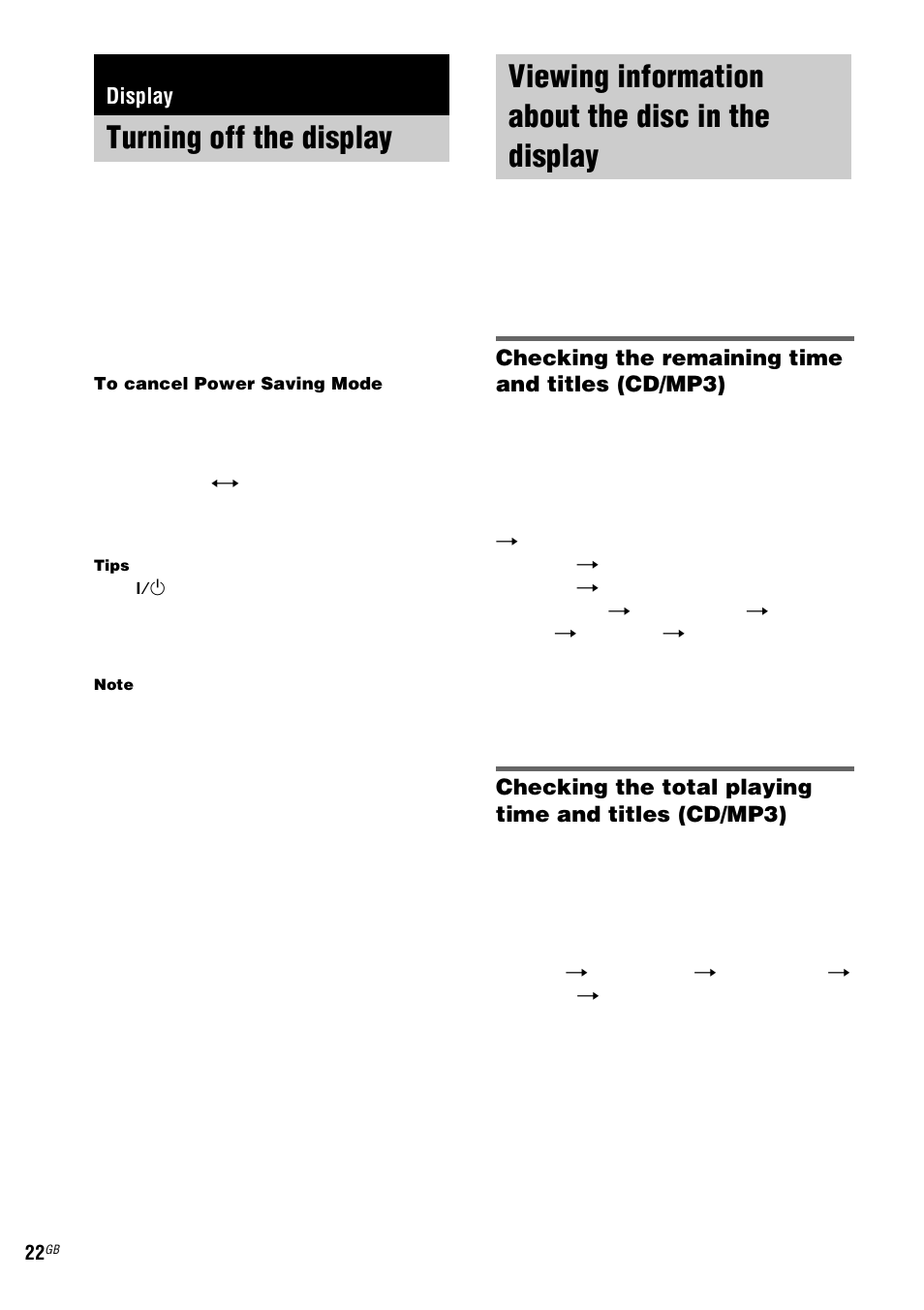 Display, Turning off the display, Power saving mode | Viewing information about the disc in the display, Viewing information about the disc in the, Checking the remaining time and titles (cd/mp3) | Sony CMT-HPX9 User Manual | Page 22 / 36