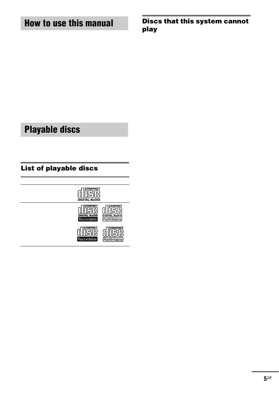 How to use this manual, Playable discs, How to use this manual playable discs | Sony CMT-HPX9 User Manual | Page 5 / 36