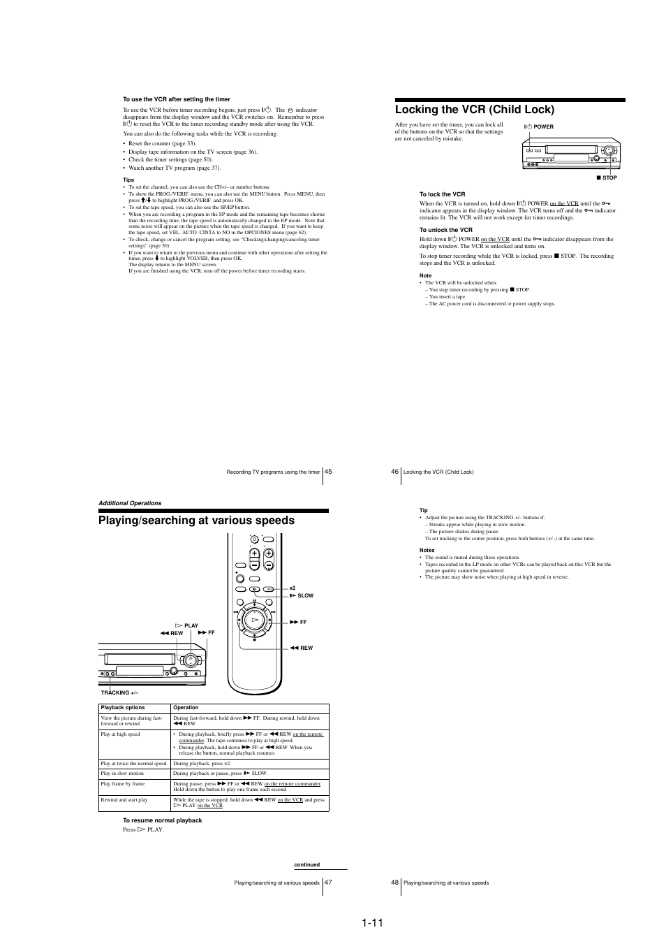 Locking the vcr (child lock), Playing/searching at various speeds | Sony LX50 User Manual | Page 15 / 71